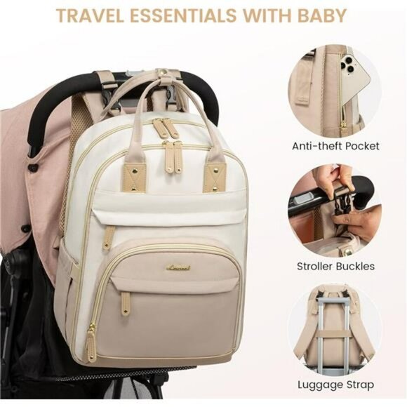 LOVEVOOK Diaper Bag Backpack Large Baby Bag with Pad Waterproof Beige Khaki - Picture 4 of 7